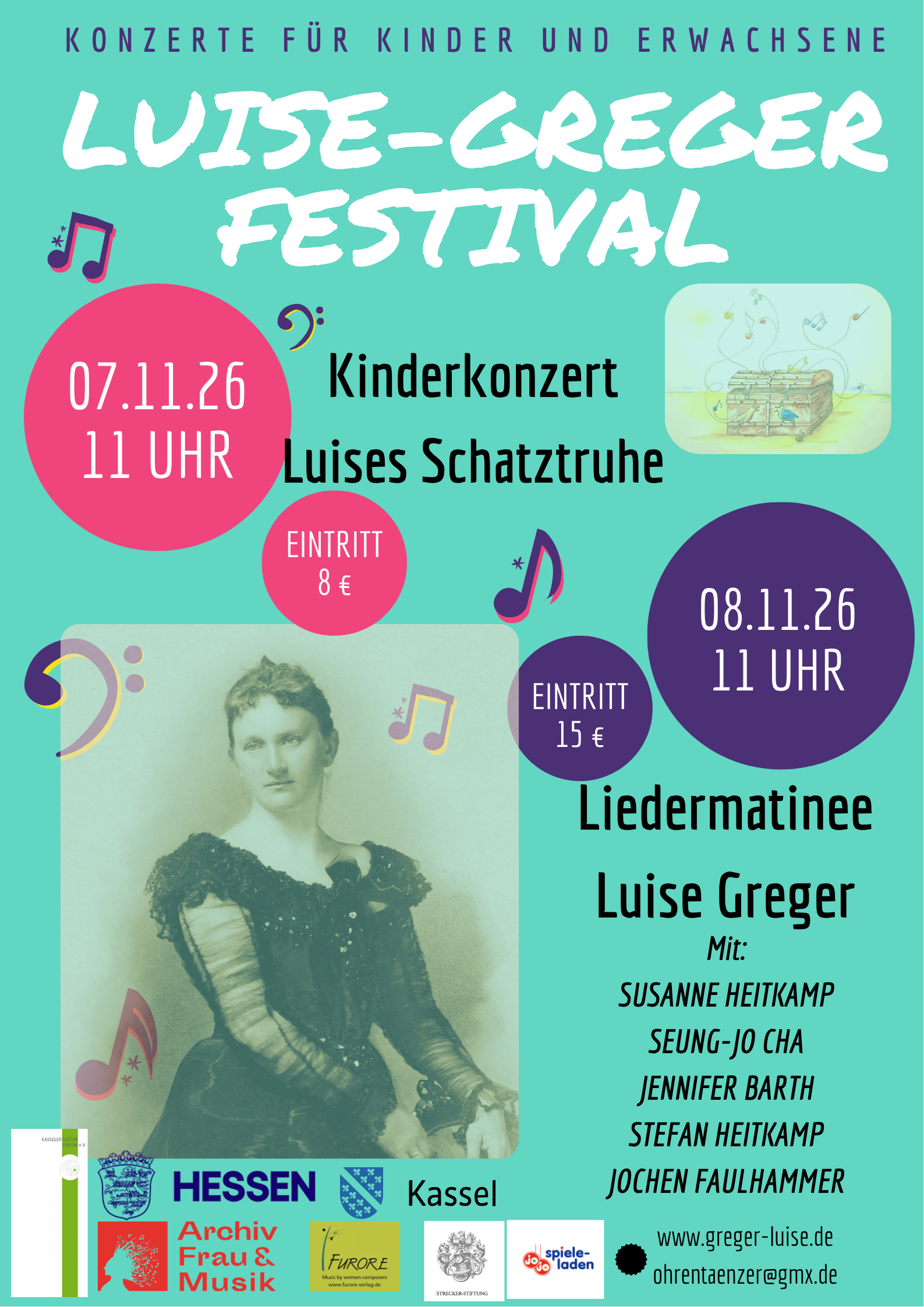Festivalplakat: Kinderkonzert am 7.11.2026 um 11 Uhr, Eintritt 8 Euro; Liedermatinee am 8.11.2026 um 11 Uhr, Eintritt 15 Euro